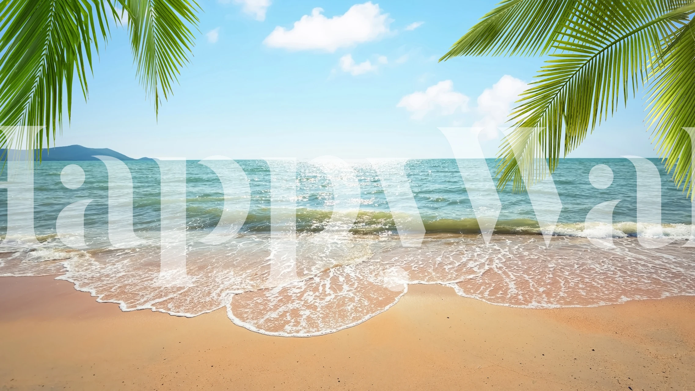 Tropical beach with clear blue water and palm trees wallpaper