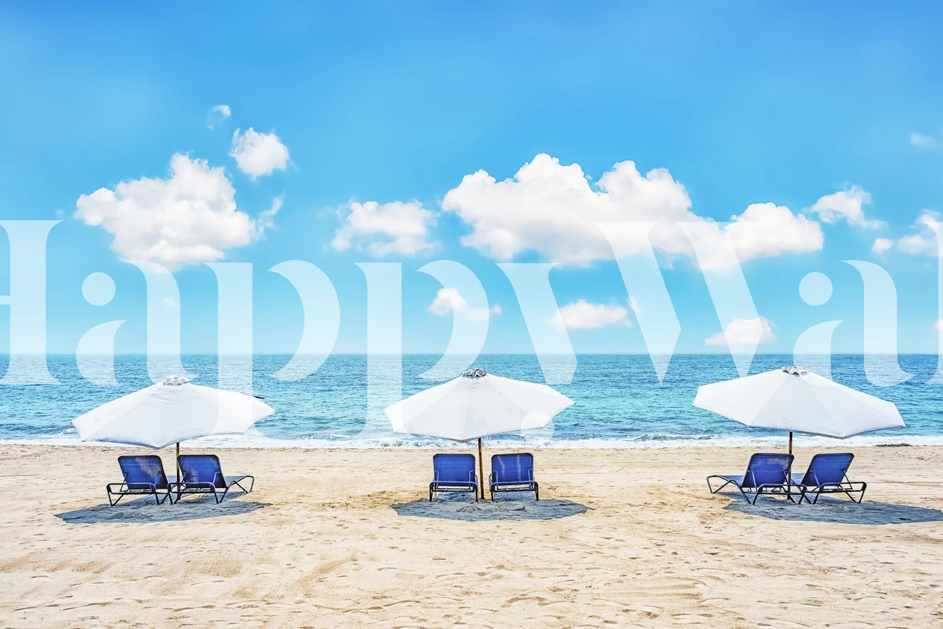 Beach scene with blue umbrellas and sandy shore wallpaper