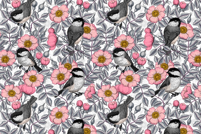 Chickadee Floral Wallpaper with Pink Blooms