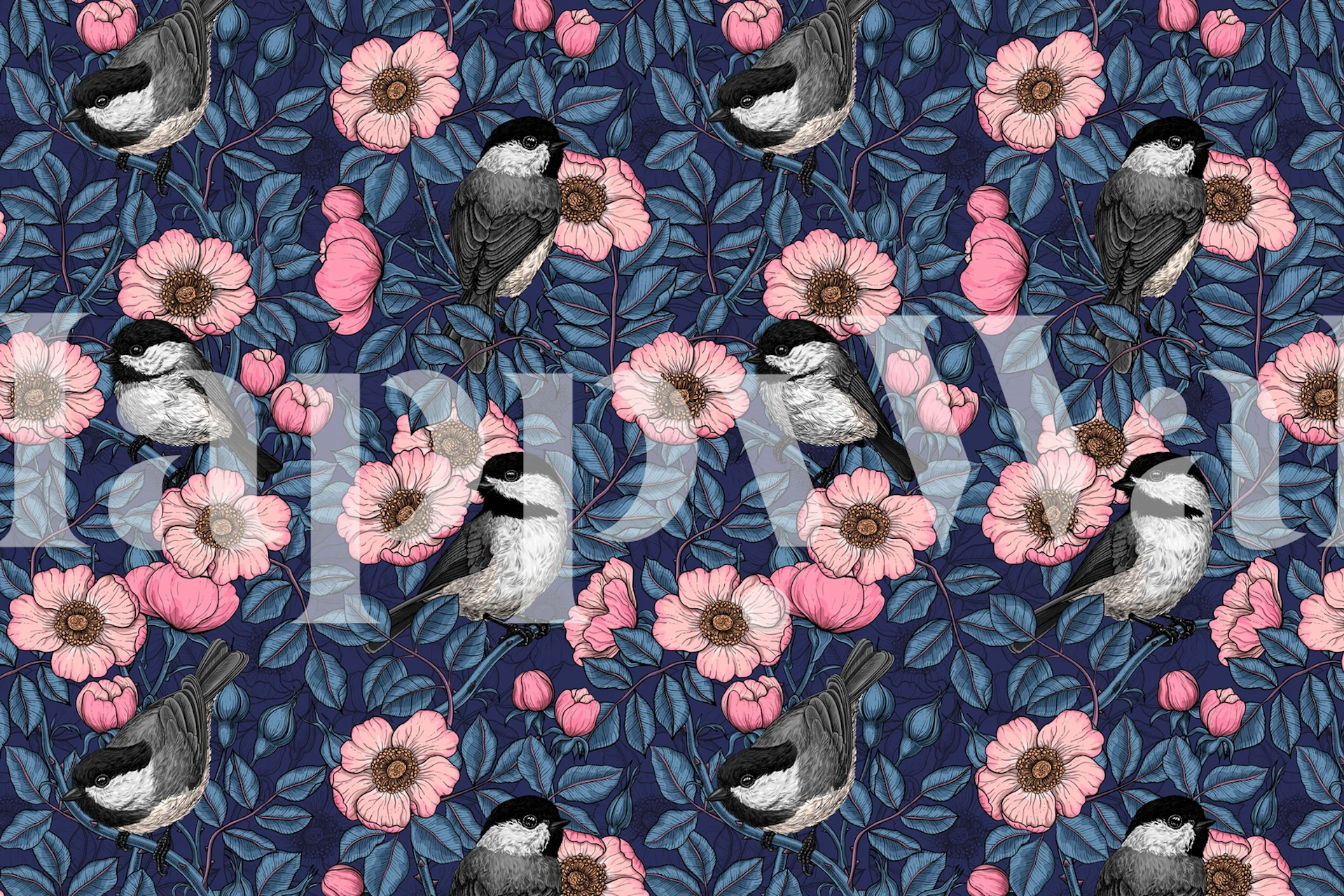 Wall mural with birds and wild roses on a deep blue background