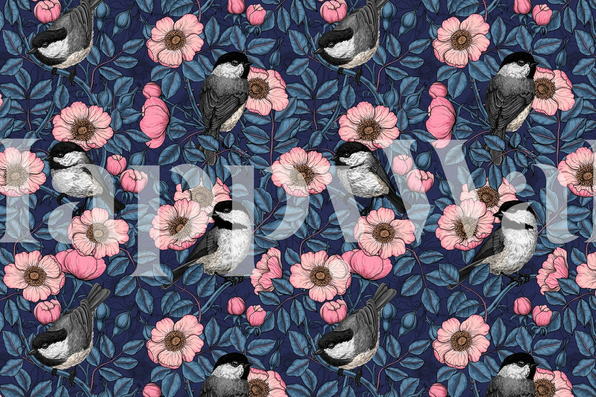 Wall mural with birds and wild roses on a deep blue background