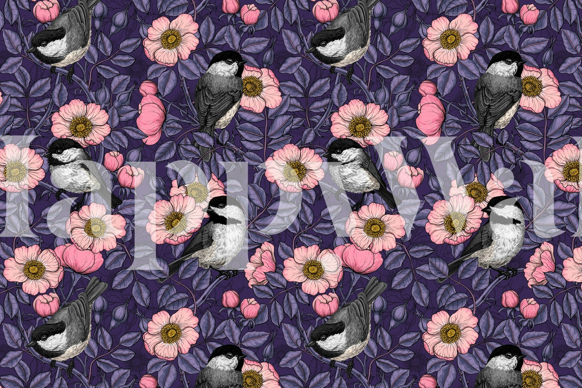 Birds and pink flowers on purple background wallpaper