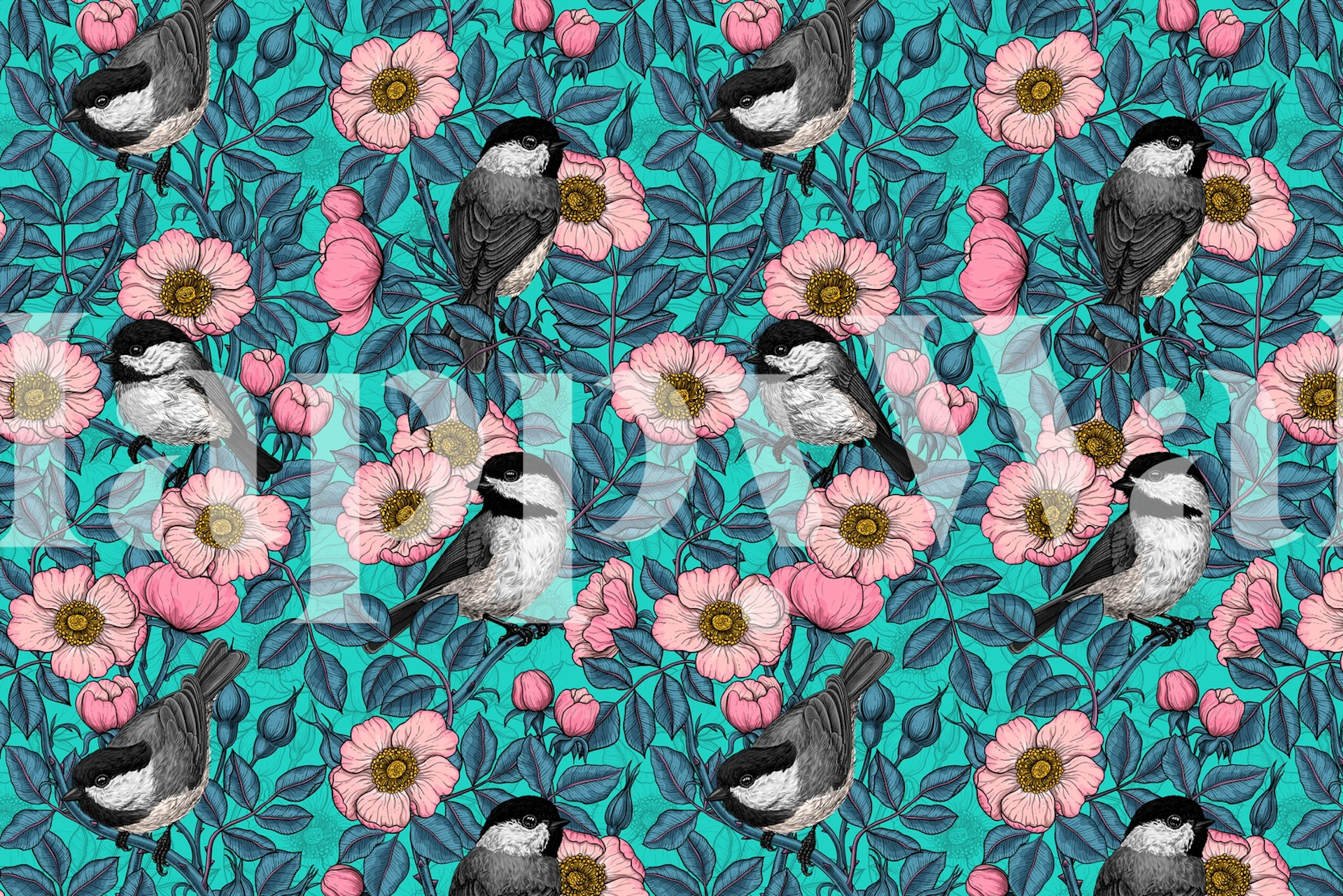 Chickadees in the wild rose behang in een kamer