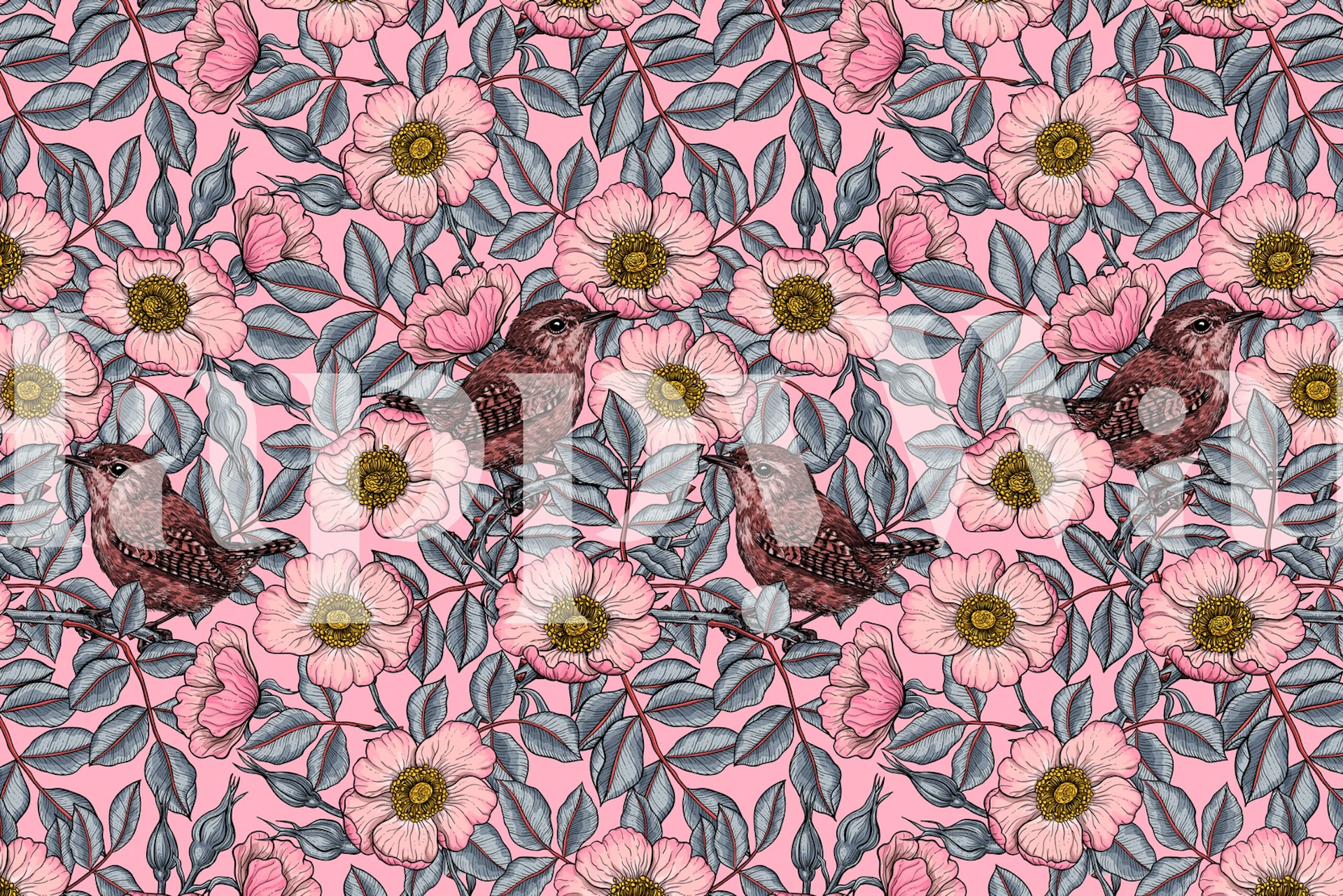 Pink floral wallpaper with birds and leaves