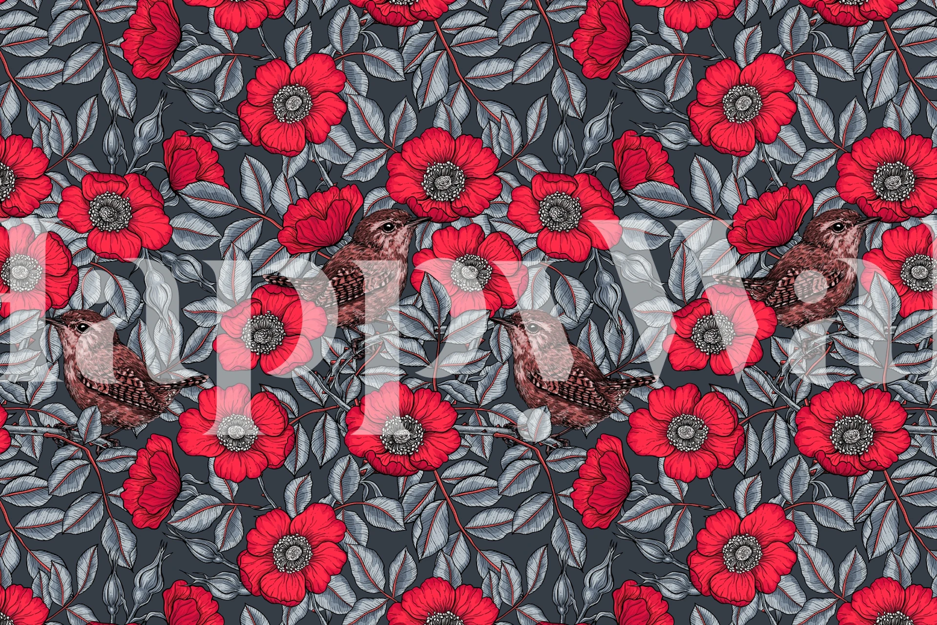 Wren birds among vibrant red flowers with green leaves wallpaper