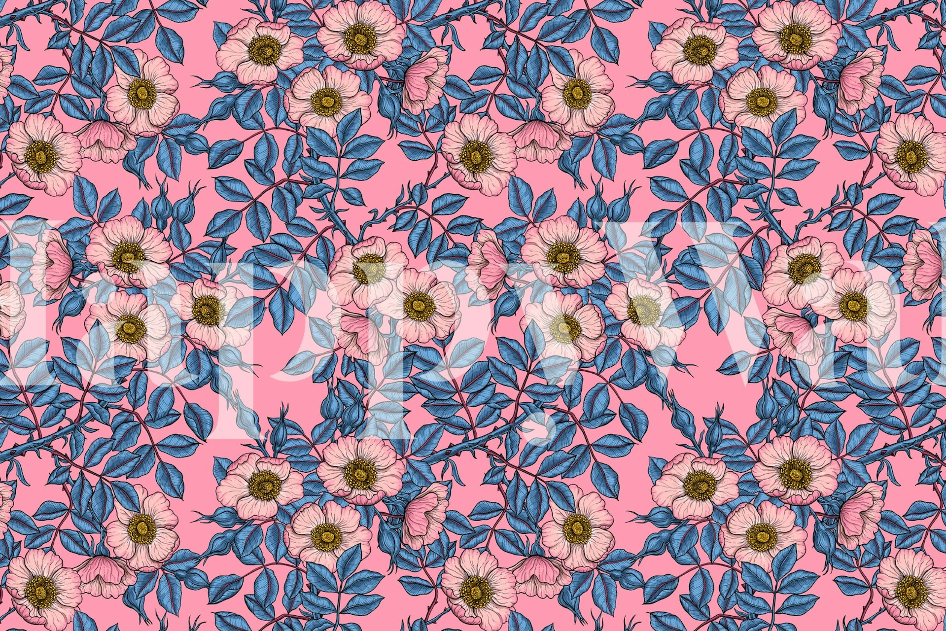 Pink floral wallpaper with dog roses and green leaves