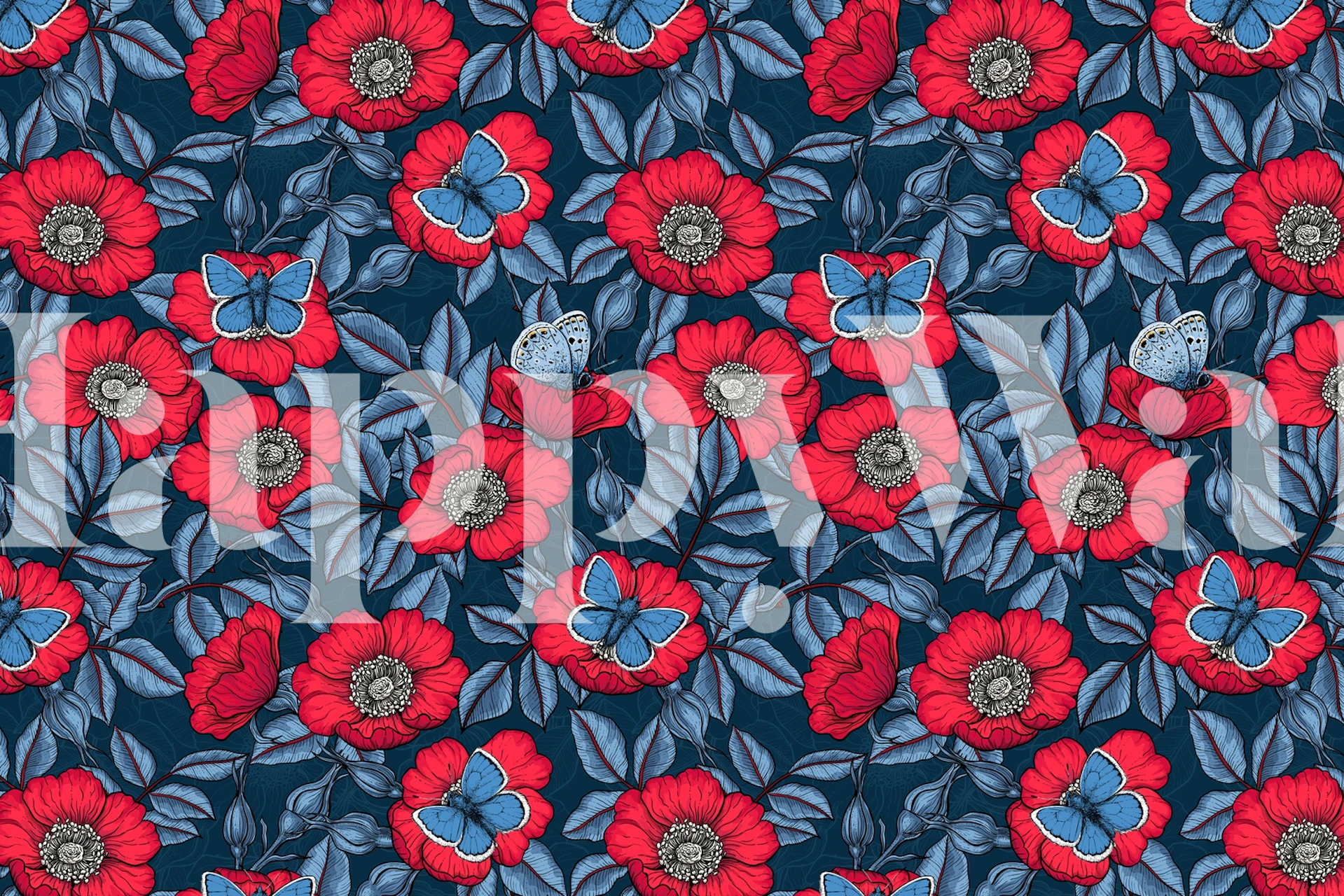 Red flowers with blue butterflies and green leaves wallpaper