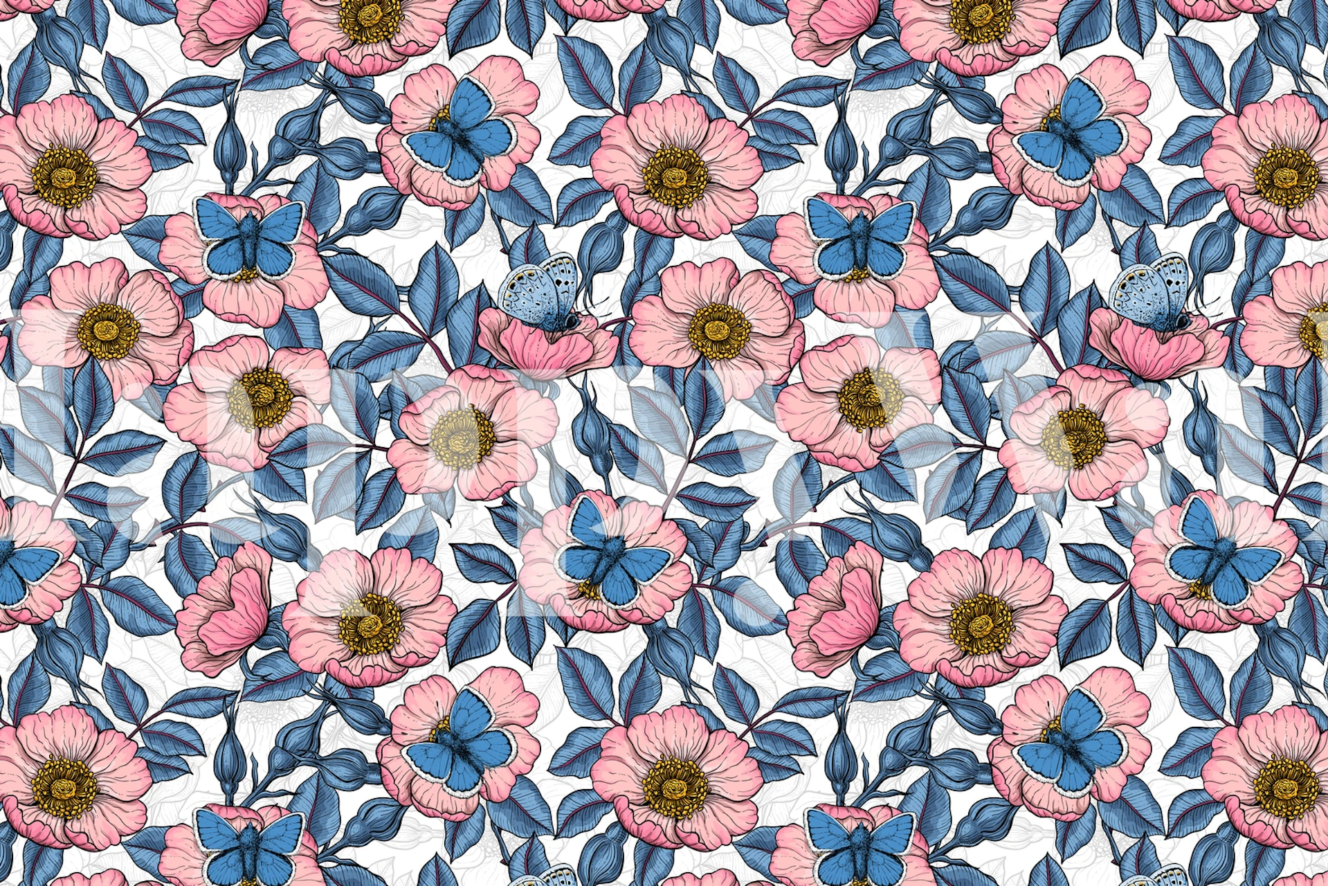 Dog rose and butterflies wallpaper design
