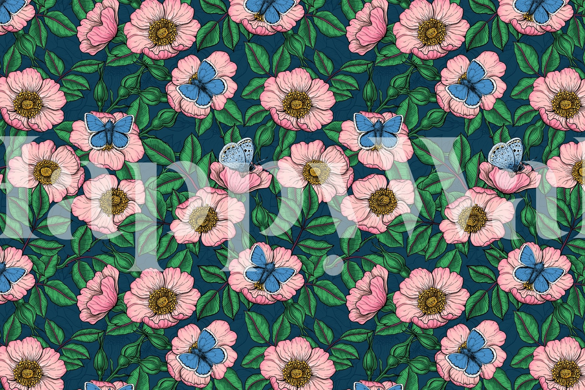 Pink flowers and blue butterflies on dark background wallpaper