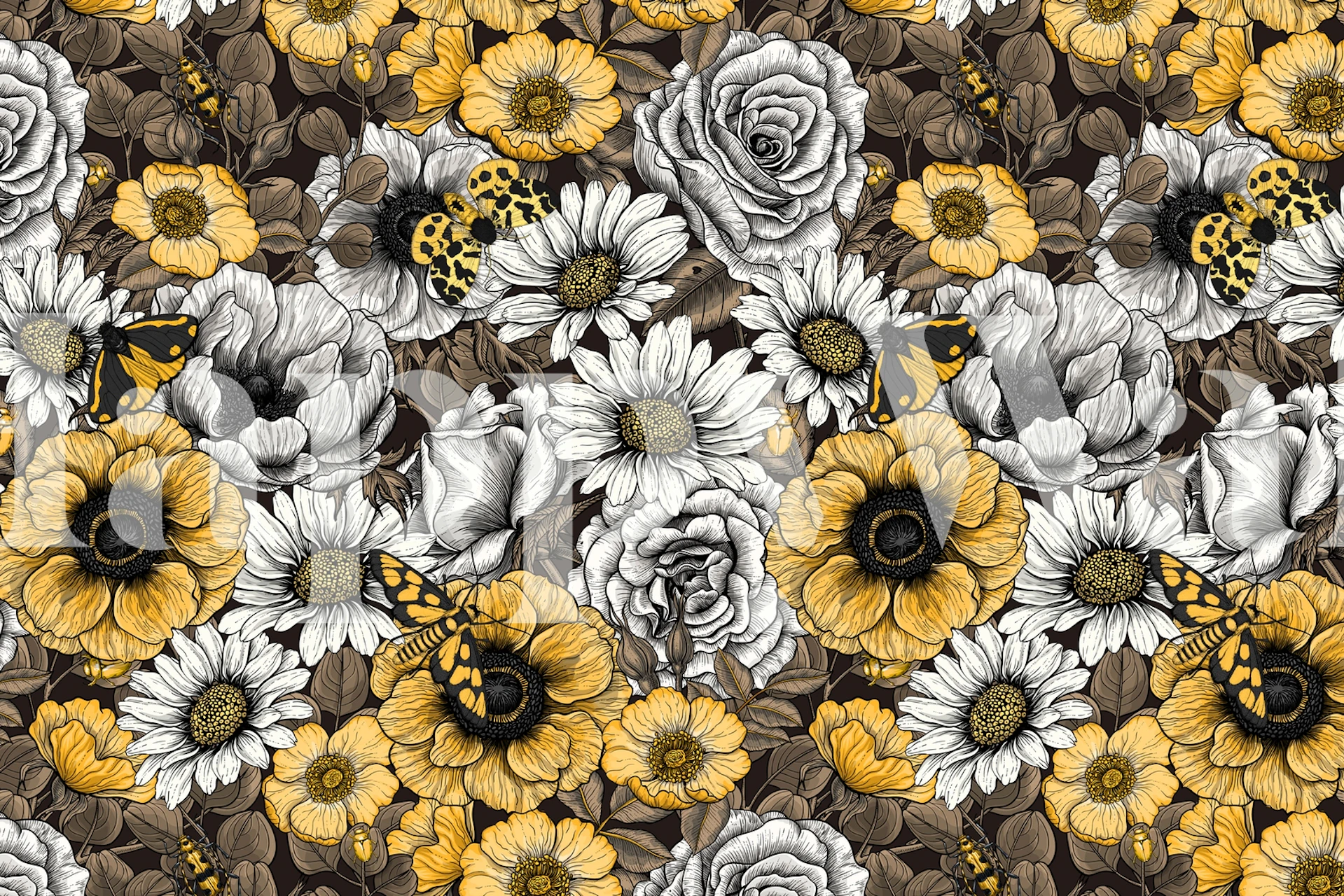 Yellow floral patterns with moths on a dark background wallpaper