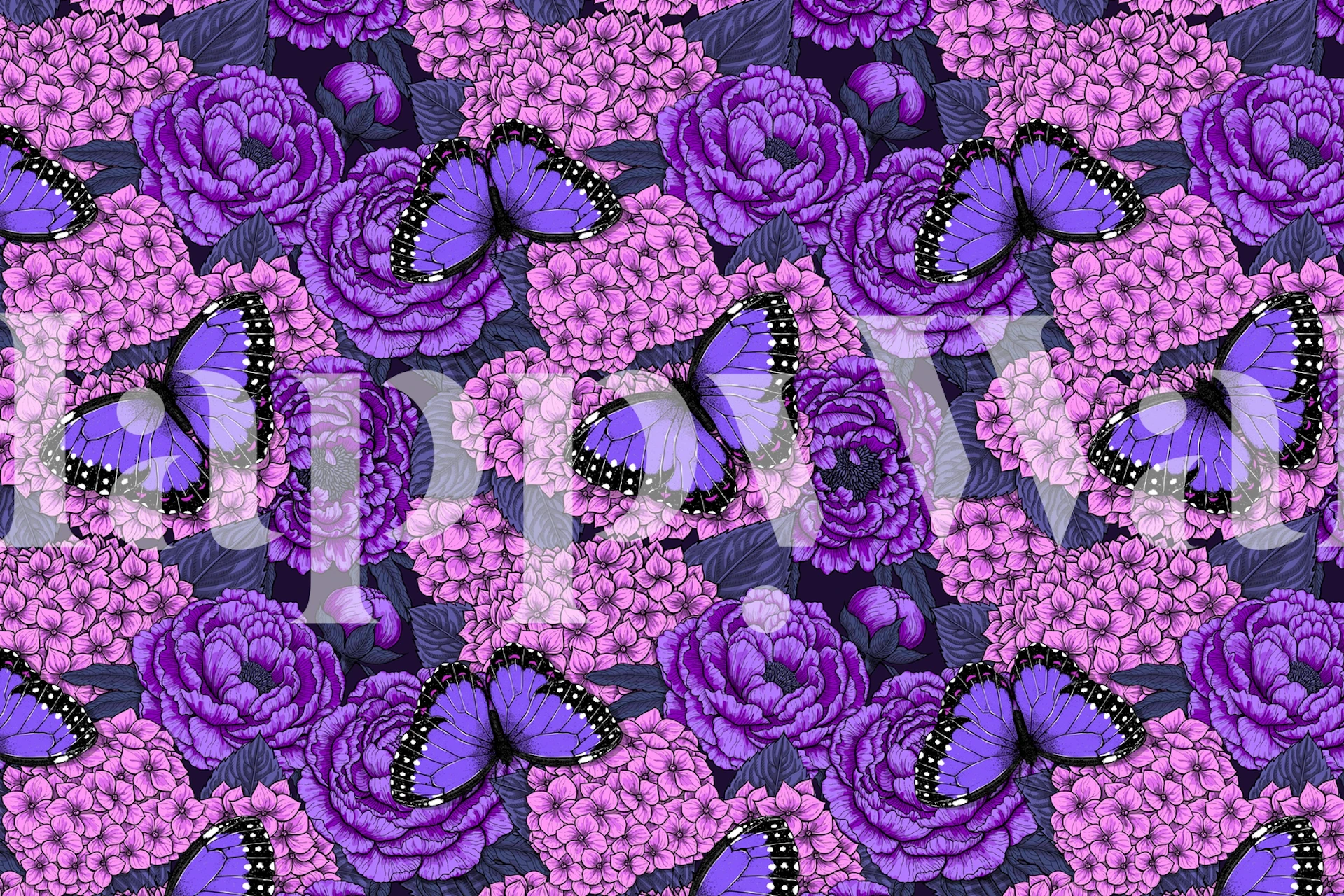 Purple butterflies with pink flowers on dark background wallpaper