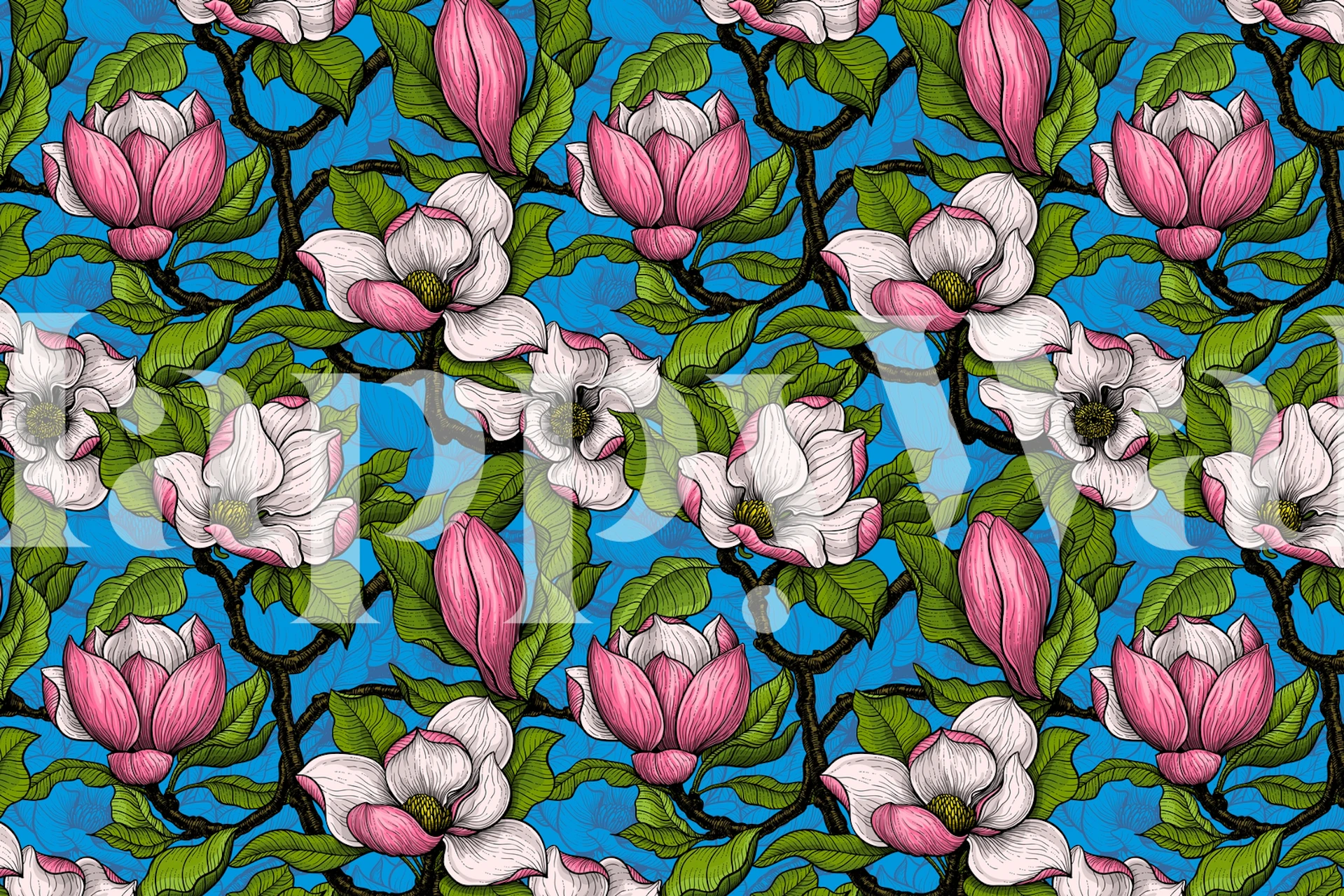 Bright magnolia blooms on a blue background