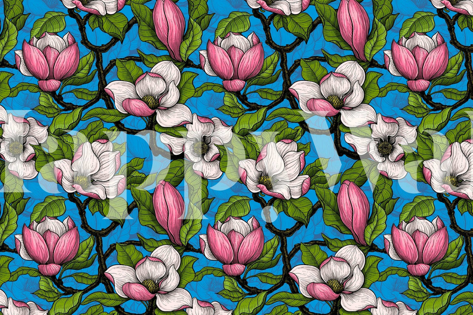 Bright magnolia blooms on a blue background