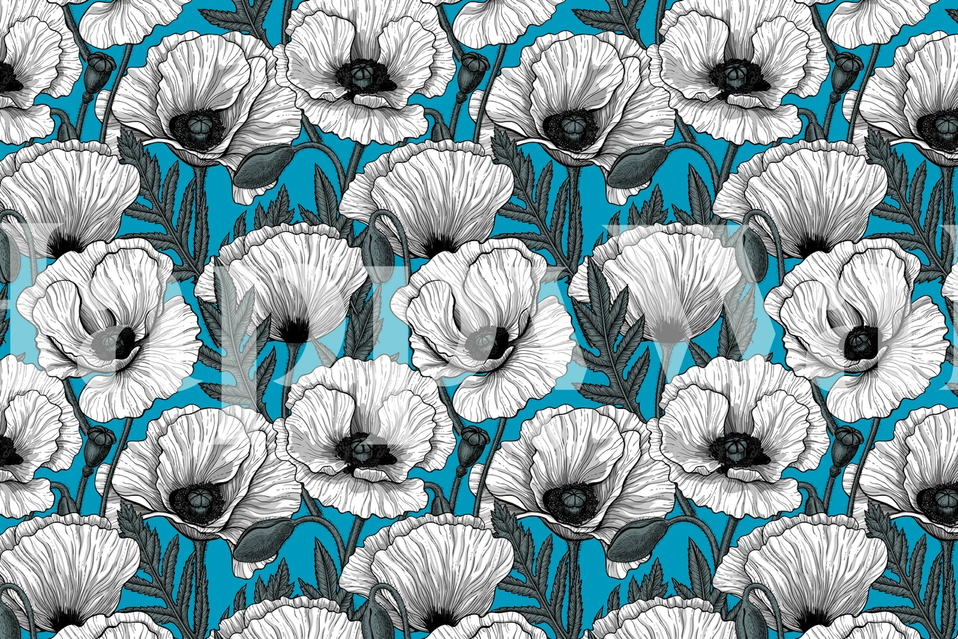 Στυλιζαρισμένοι λευκοί παπαρούνες σε μπλε φόντο τοιχογραφία