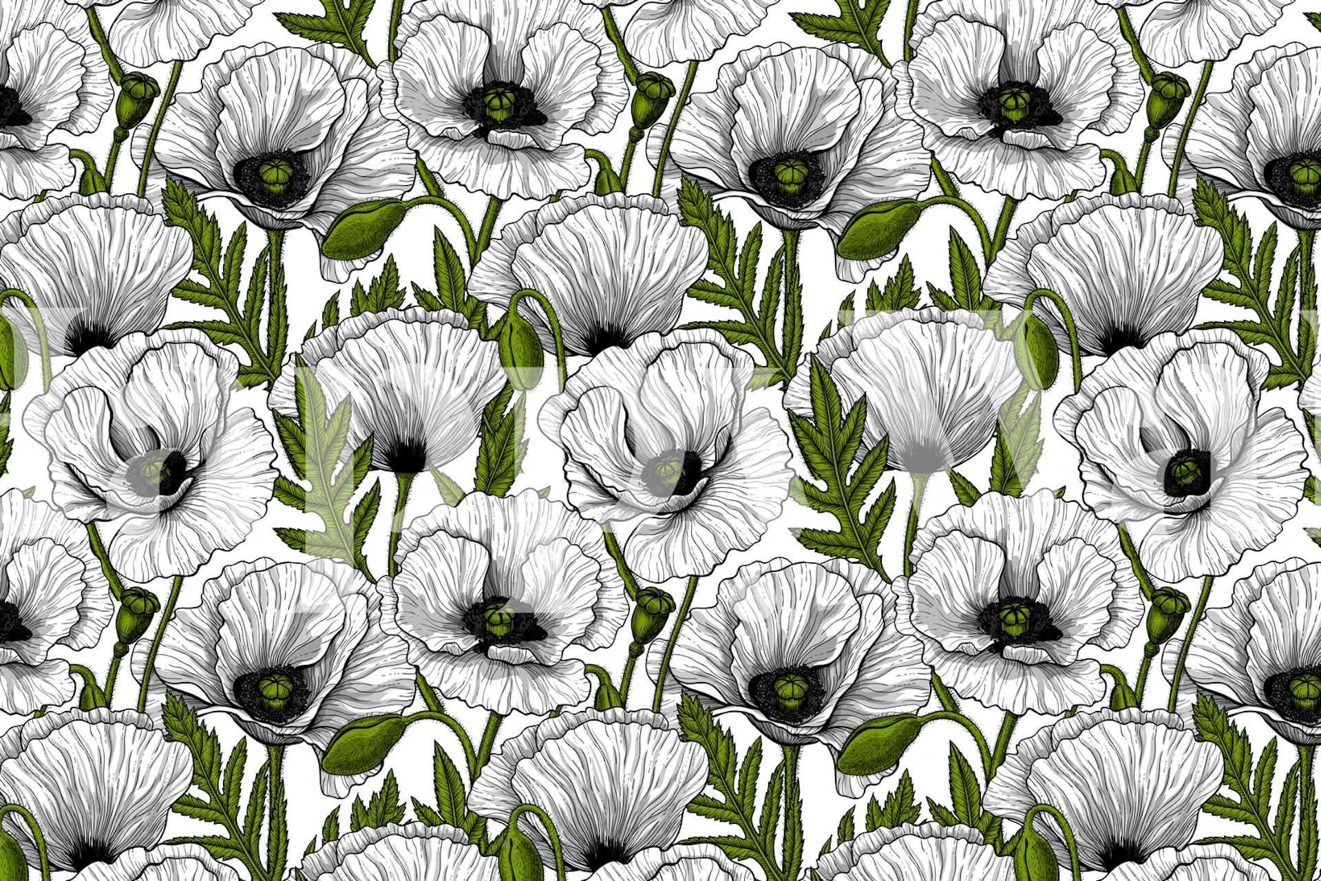 White poppy pattern on a black and white background wallpaper