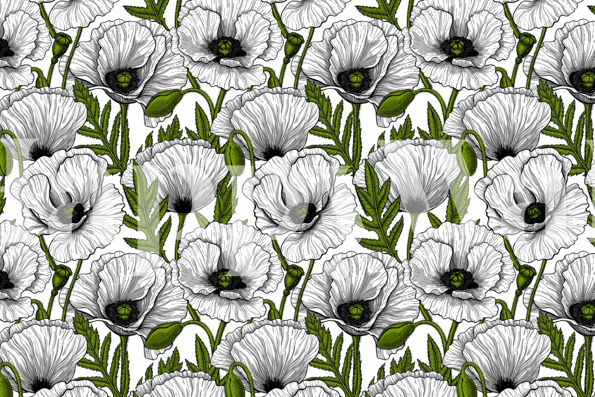 White poppy pattern on a black and white background wallpaper