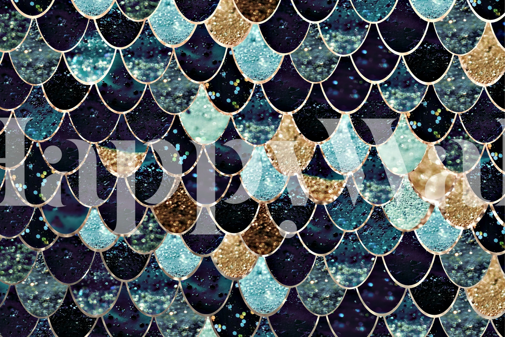 Blue and gold glittering mermaid scale patterned wallpaper