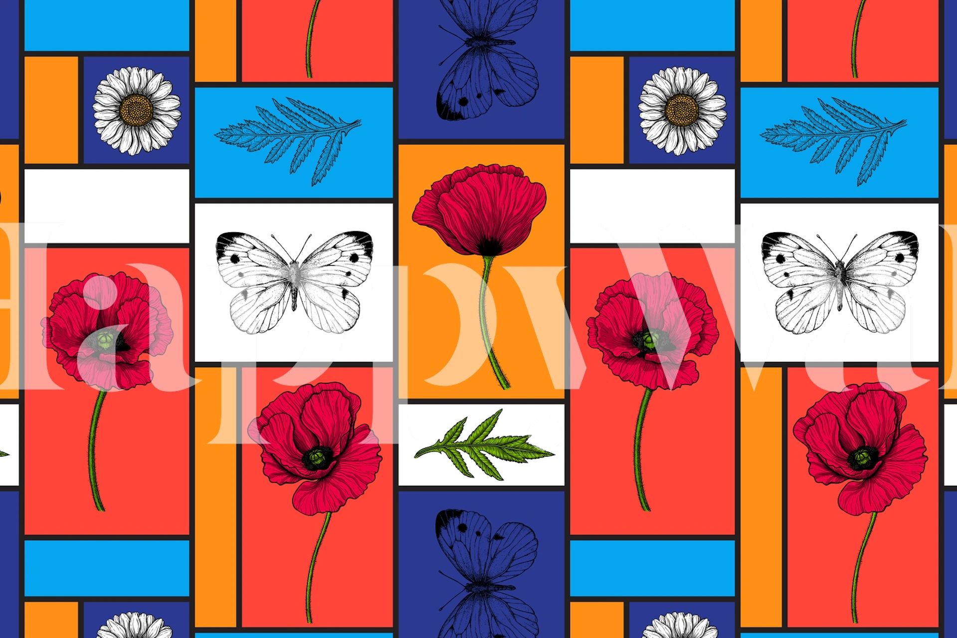 Wallpaper featuring poppies in colorful boxes