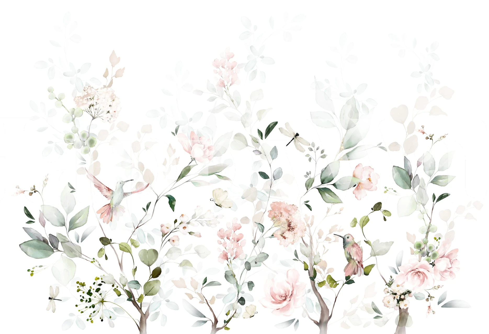 Pink floral wallpaper with leaves and birds in soft hues
