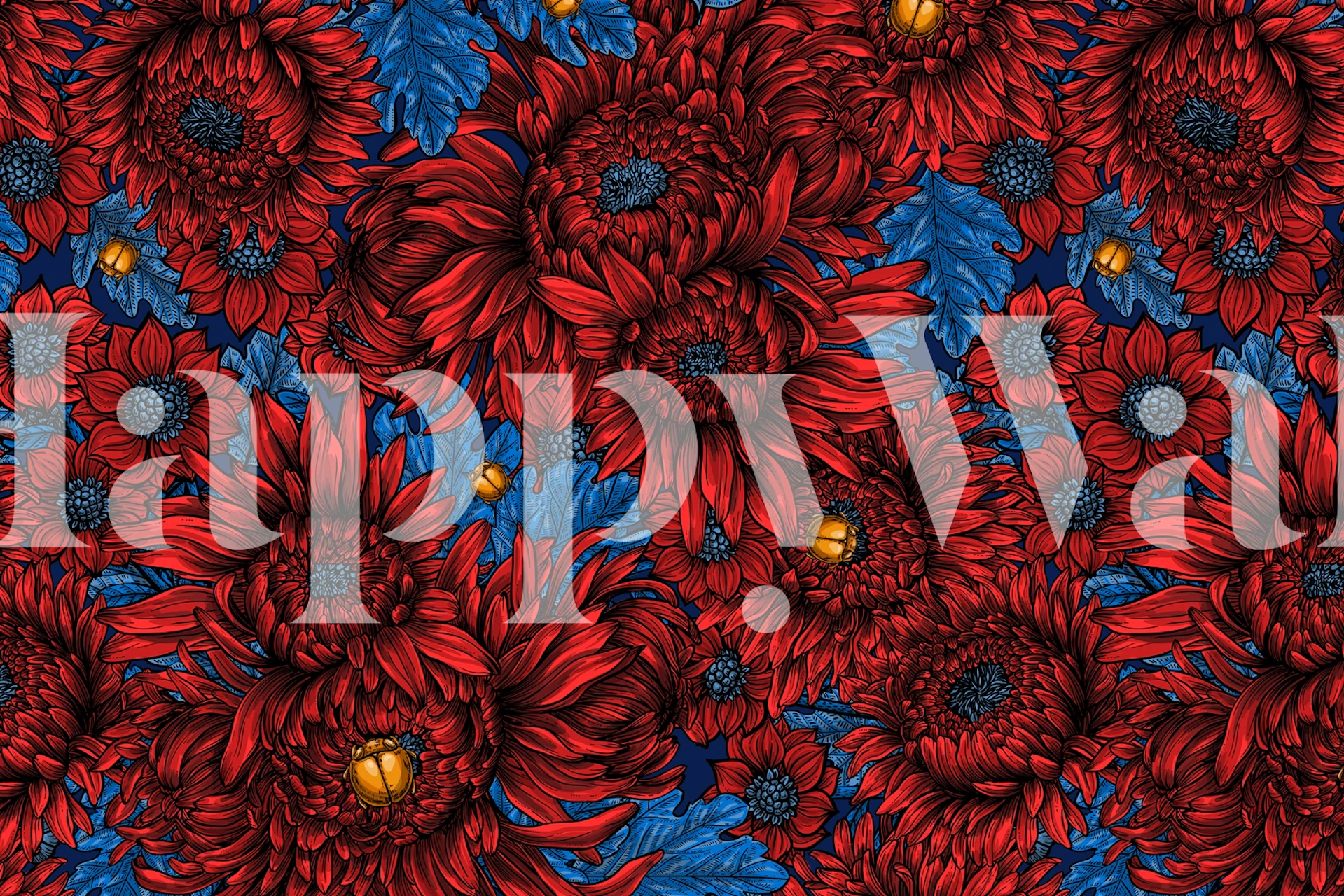 Red and blue floral pattern wallpaper featuring vibrant chrysanthemums and leaves