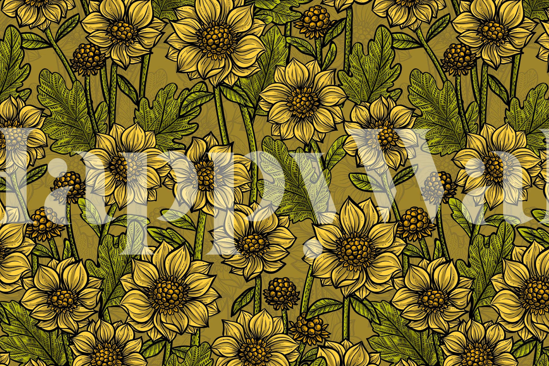 Yellow mums wallpaper in a room setting