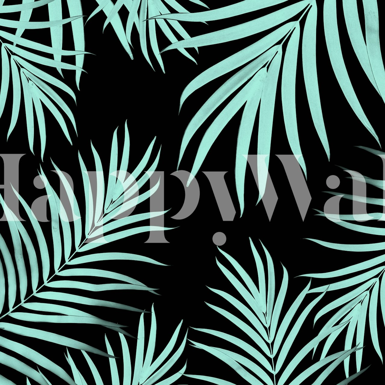 Teal palm leaves pattern on a black background wall mural