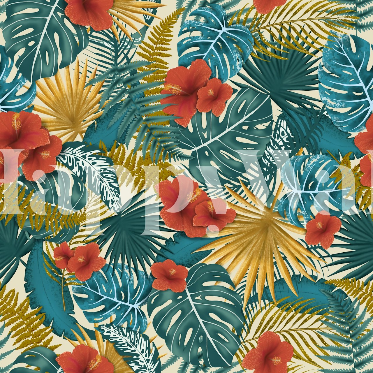 Tropical leaves and red flowers on beige background wallpaper