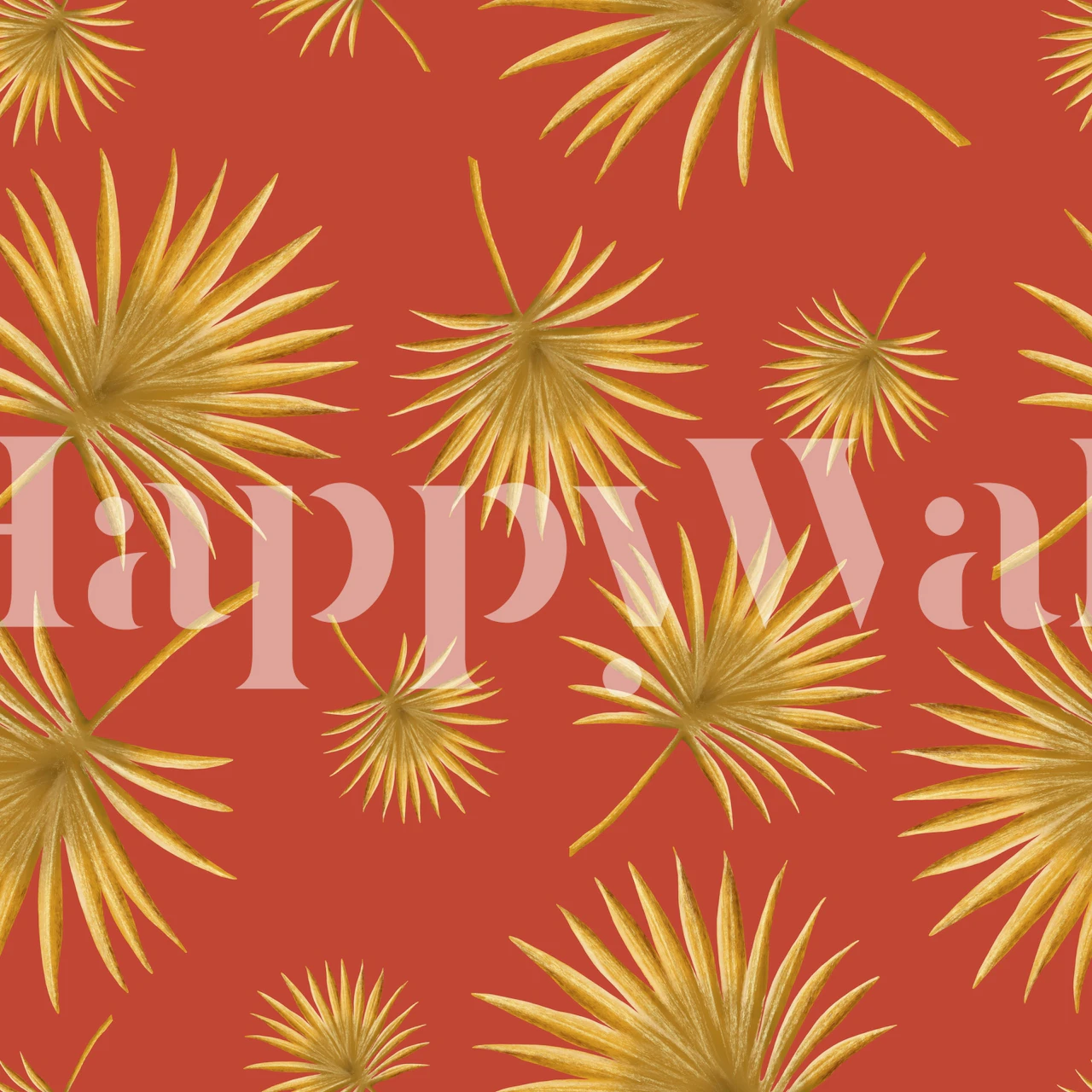 Tropical palm leaves in gold on a red background wallpaper