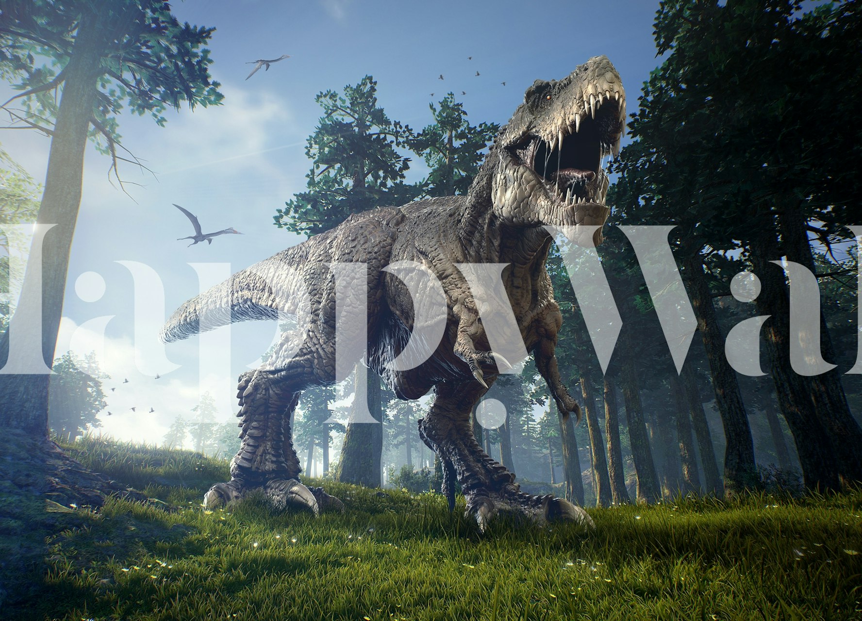 T Rex wallpaper displayed in a room