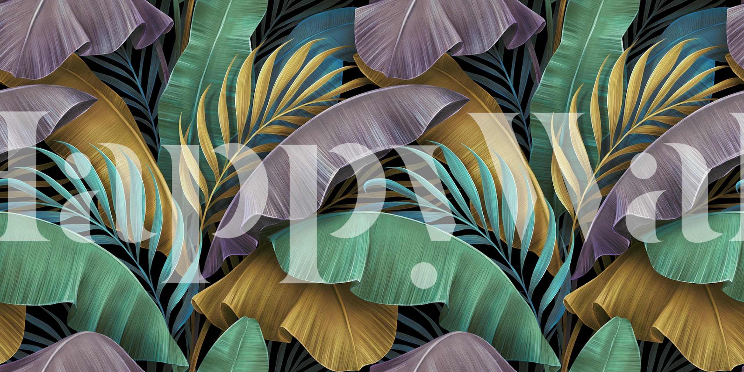 Tropical leaves in vibrant greens, purples, and yellows wallpaper