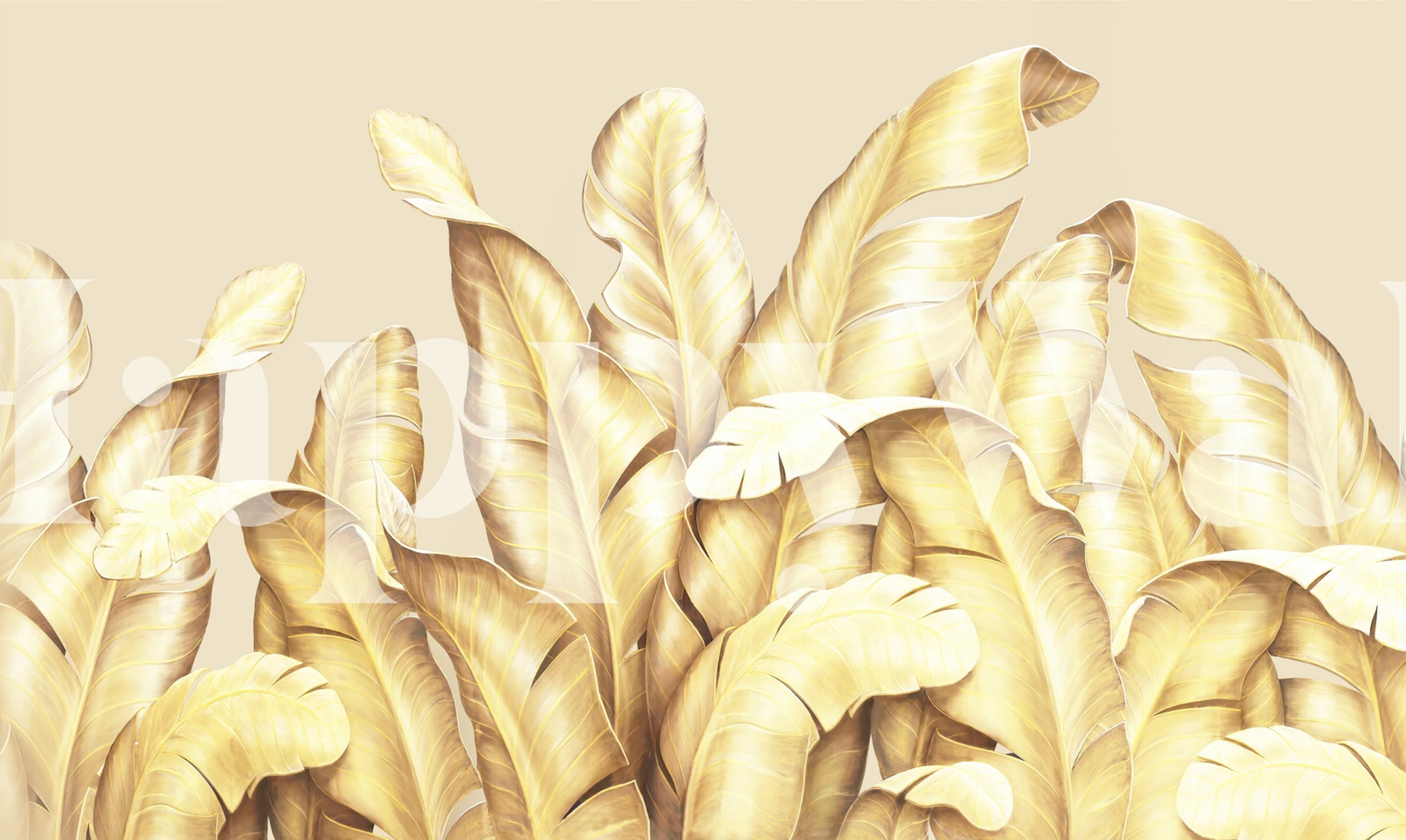 Elegant golden leaves wall mural on a neutral background