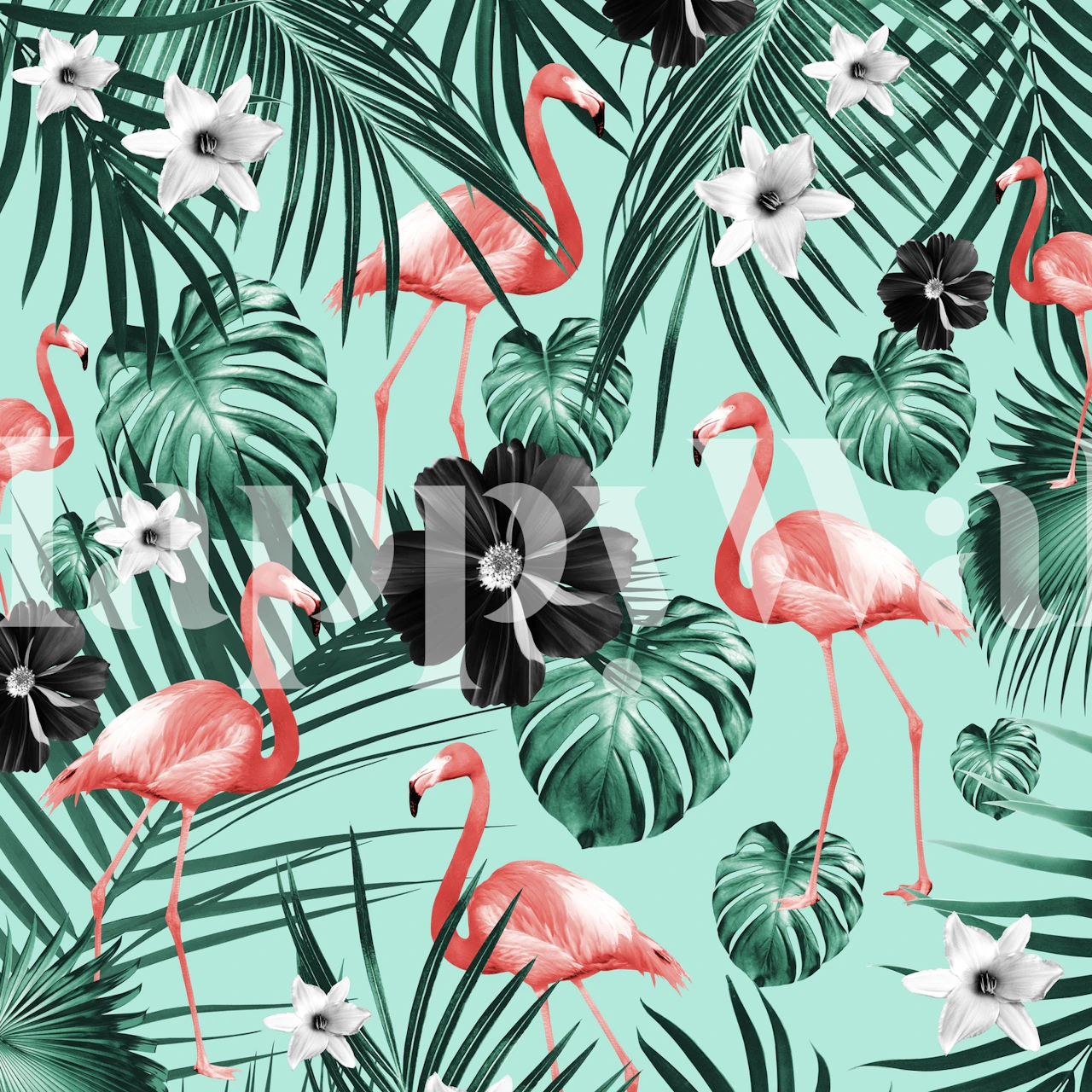 Tropical Flamingo Flower 3 fototapet med rosa flamingos och grönt bladverk