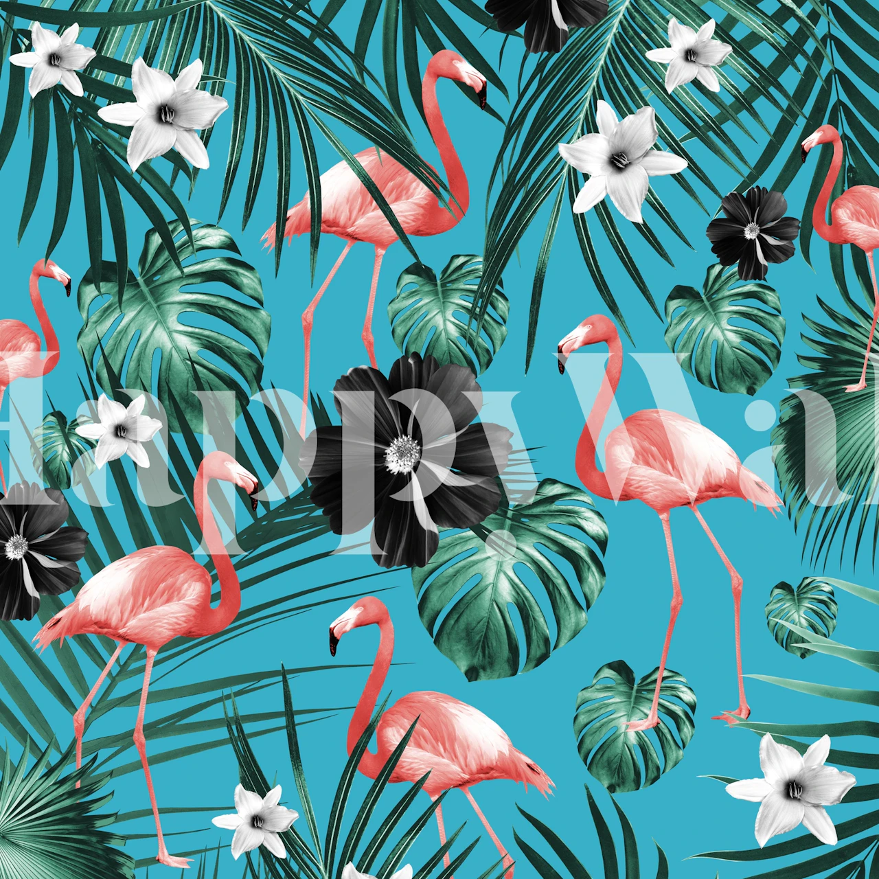 Pink flamingos and tropical flowers on blue background wallpaper