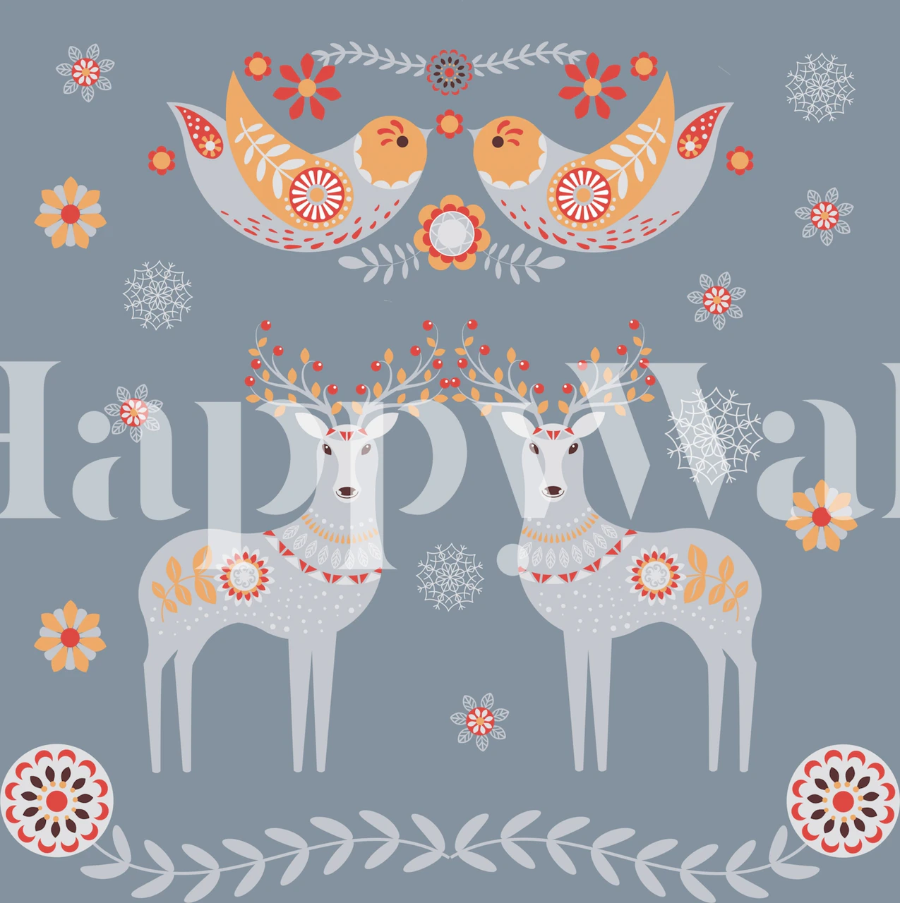 Illustration of reindeer and owls in a Scandinavian winter mural design