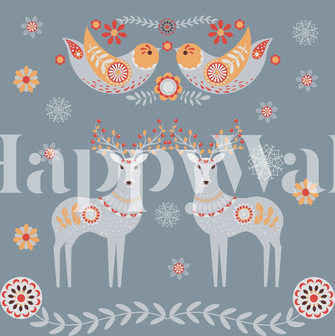 Kuvitus poroista ja pöllöistä skandinaaviseen talviseinämaalaukseen