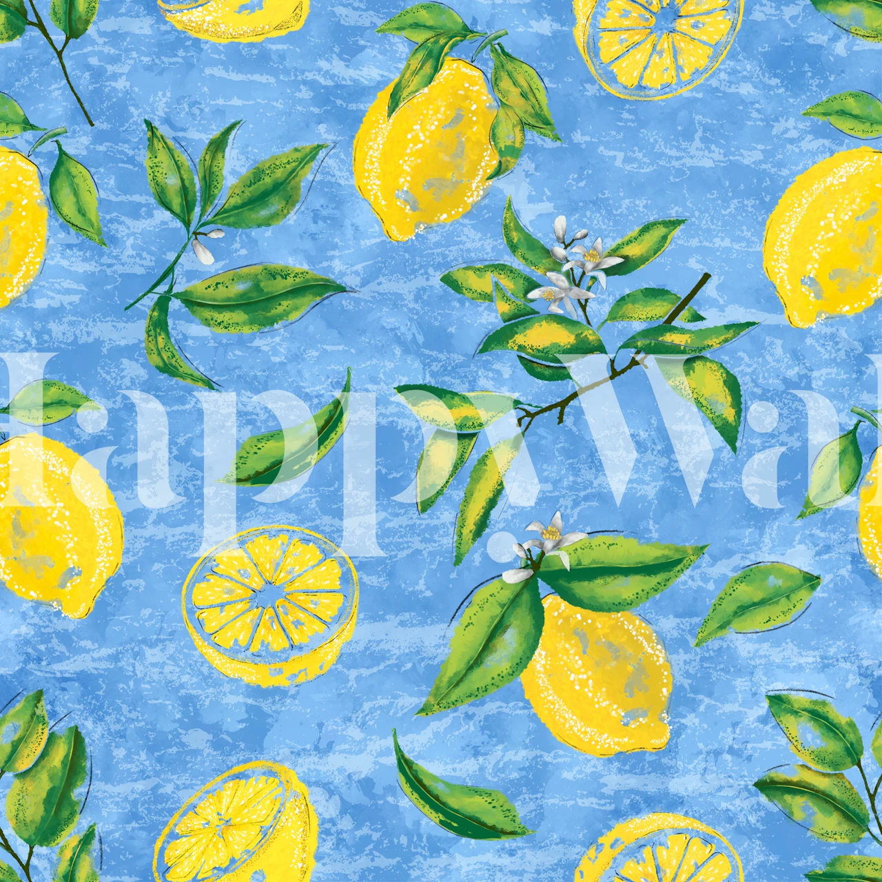 Lemon and green leaves on blue textured background wallpaper