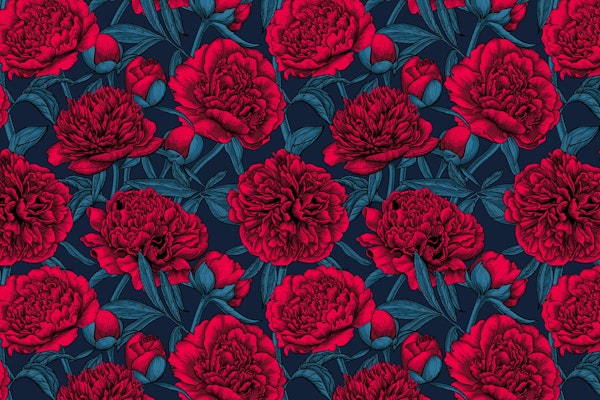 Red peony garden on dark blue