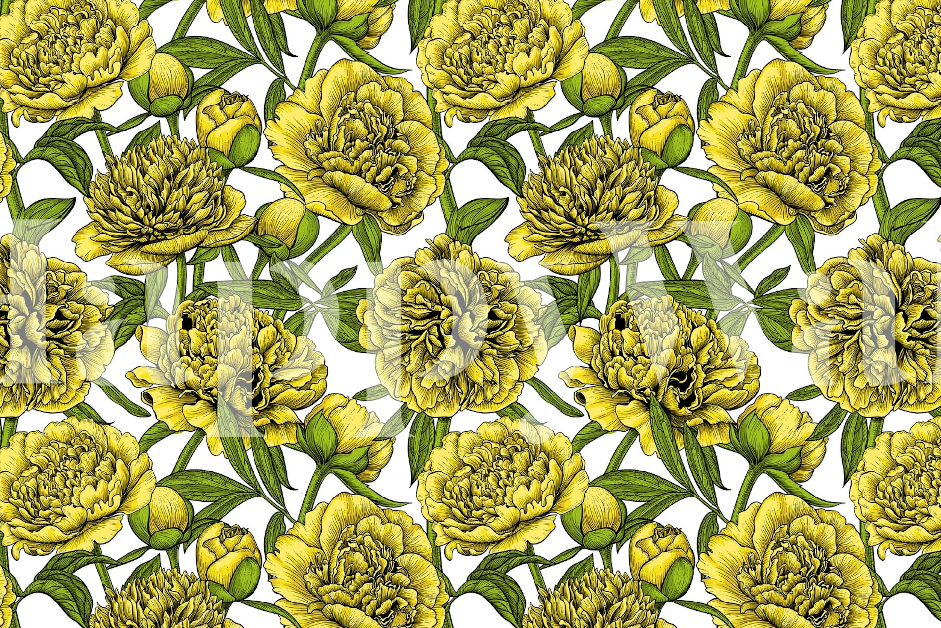 Yellow peony flowers with green leaves in floral wallpaper