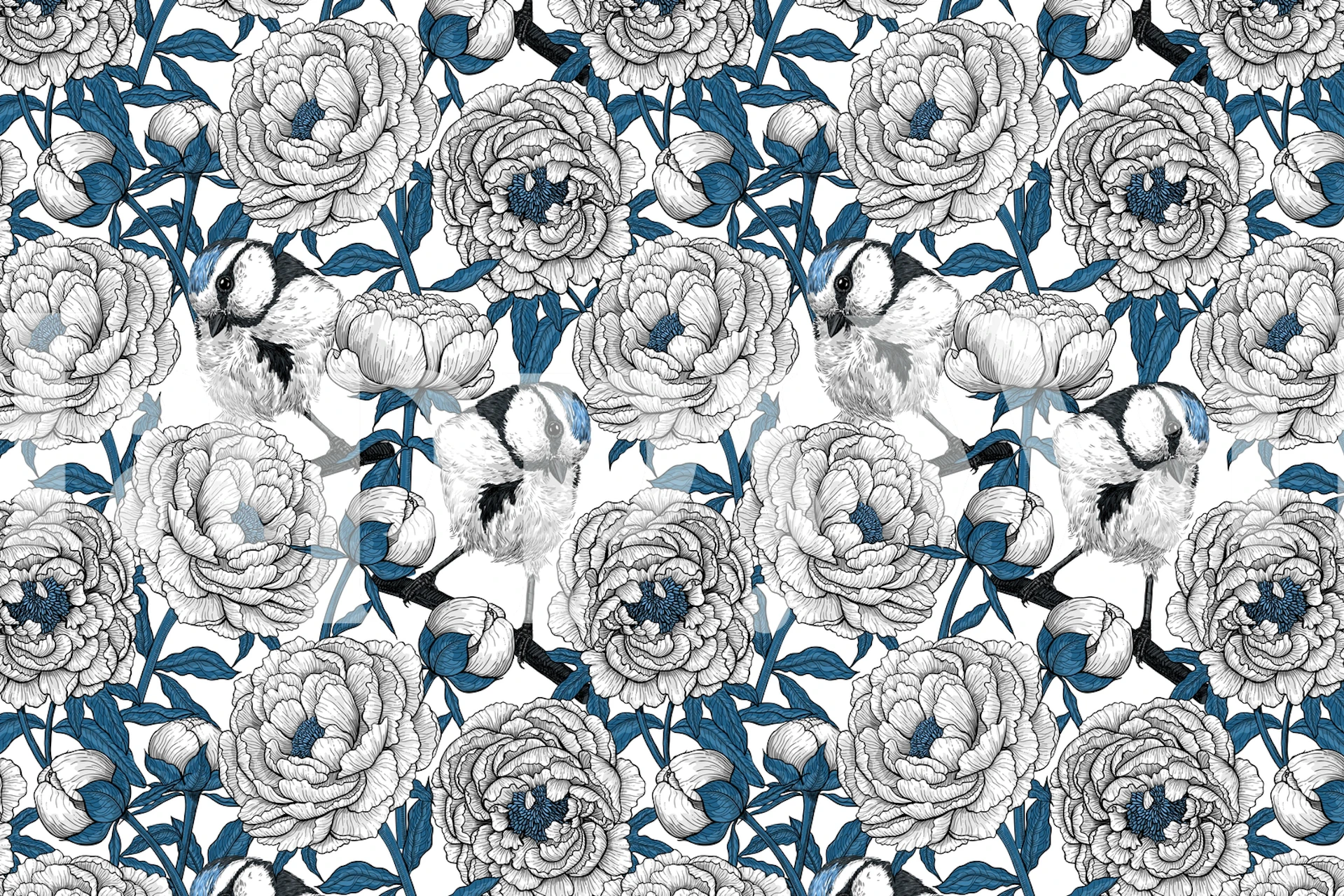 Peony flowers and birds tapet i et rom