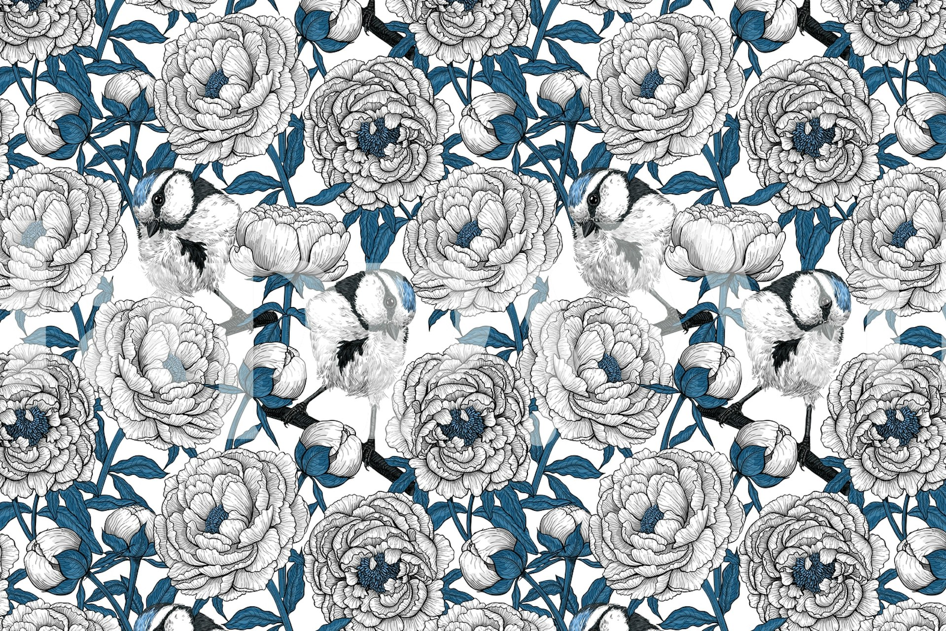 Tapeta Peony flowers and birds v pokoji