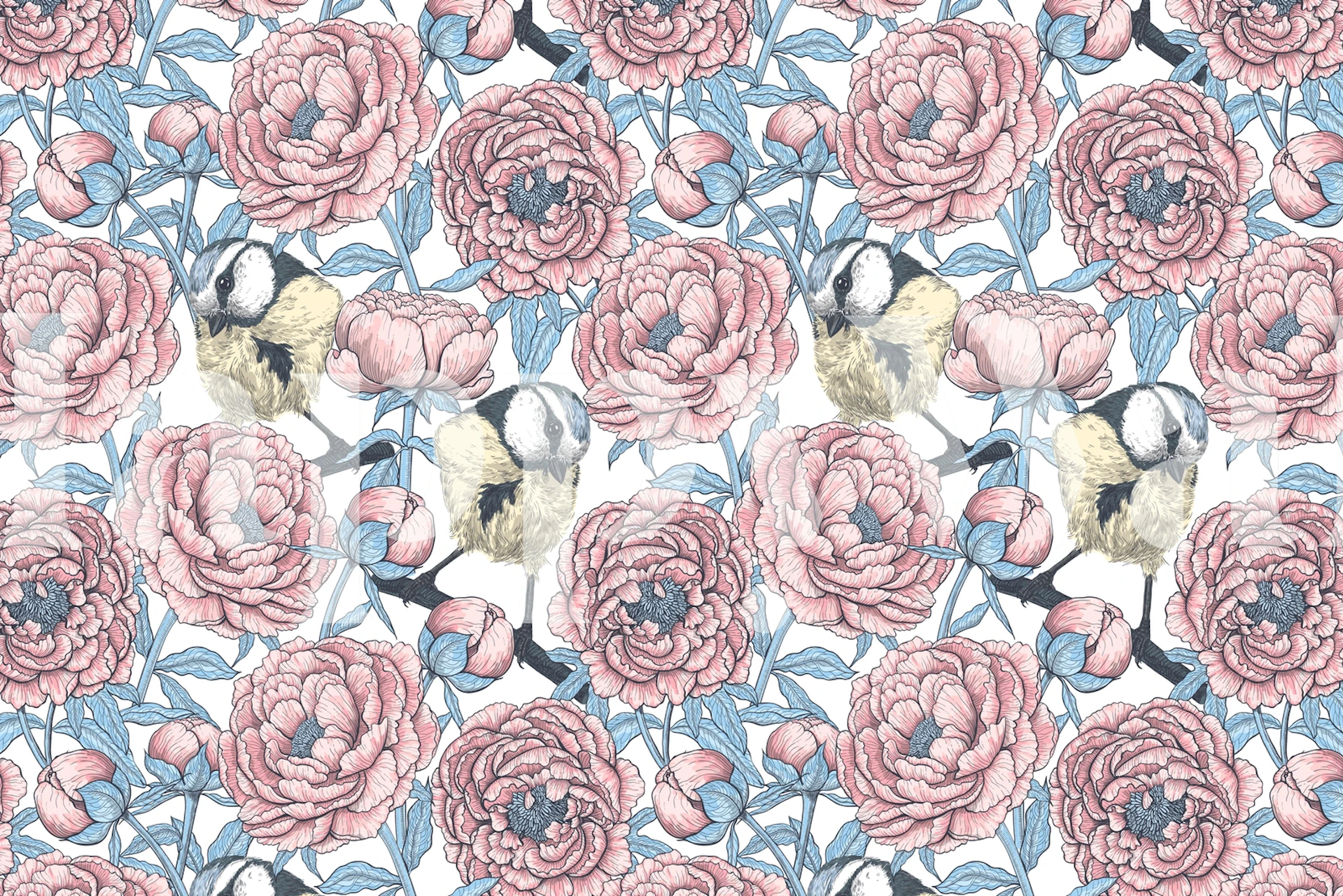 Peony flowers and birds wallpaper design