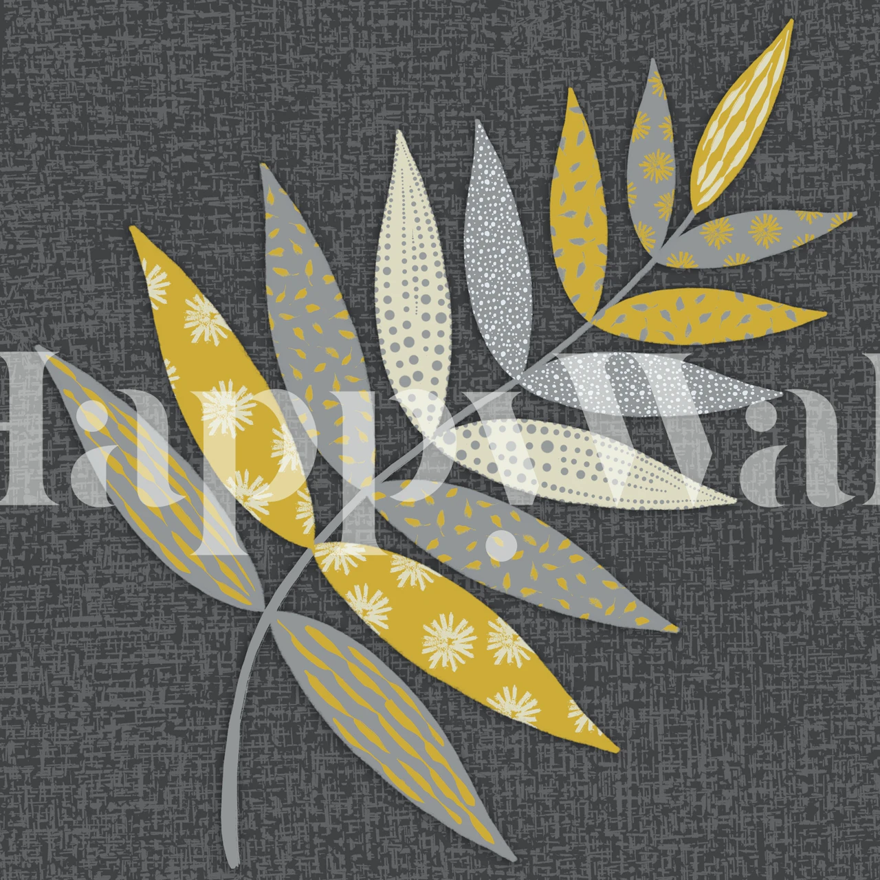 Botanical leaf design in grey with yellow and grey patterns wallpaper