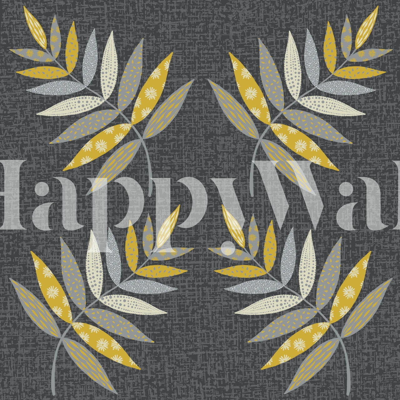 Stylish grey wall mural with patterned leaves in earth tones