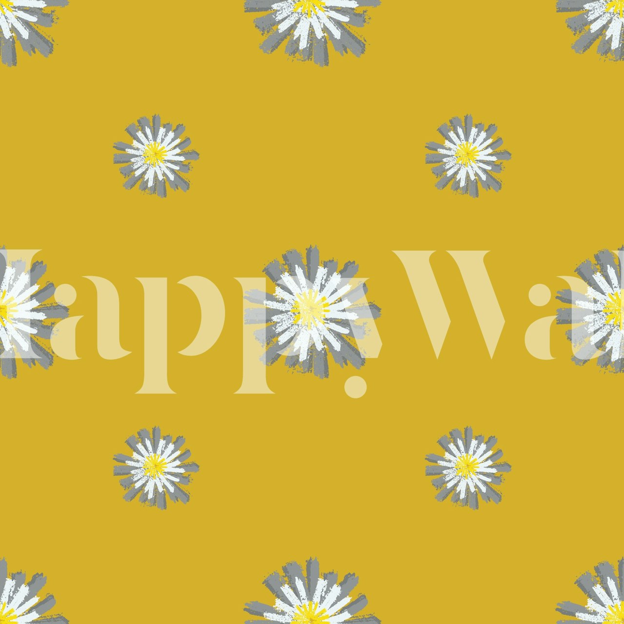 White daisies with yellow centers on a mustard yellow background for wall mural