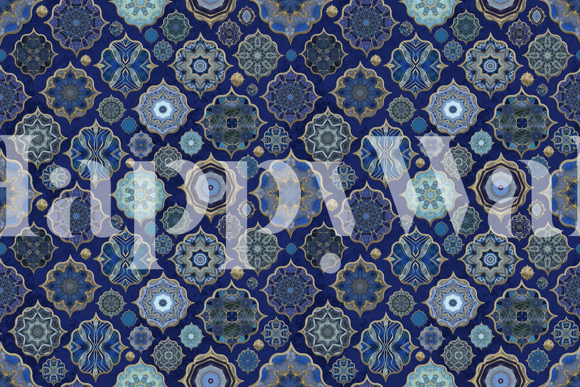 Moroccan tile pattern in blue and gold tones wallpaper