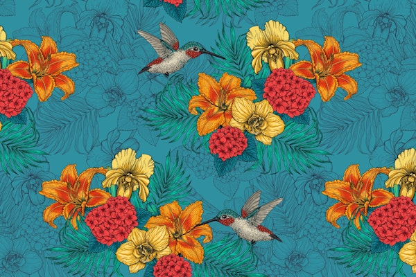 Tropical bouquet on blue