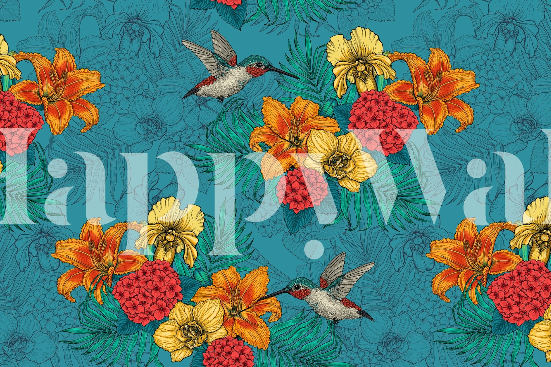 Tropical floral design with hummingbird and colorful flowers on blue wallpaper