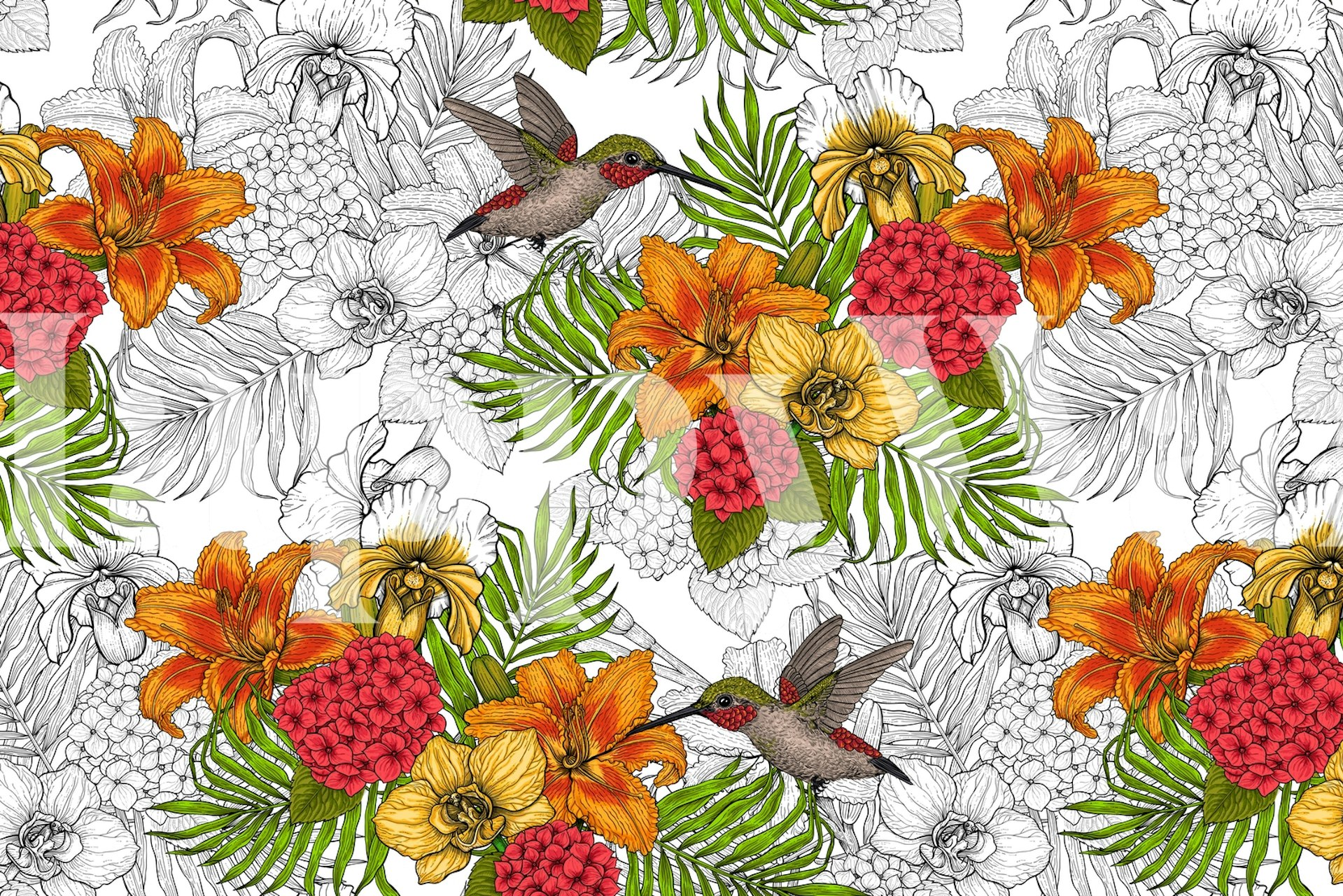 Tropical floral wallpaper featuring orange, yellow and pink flowers with hummingbirds and green leaves