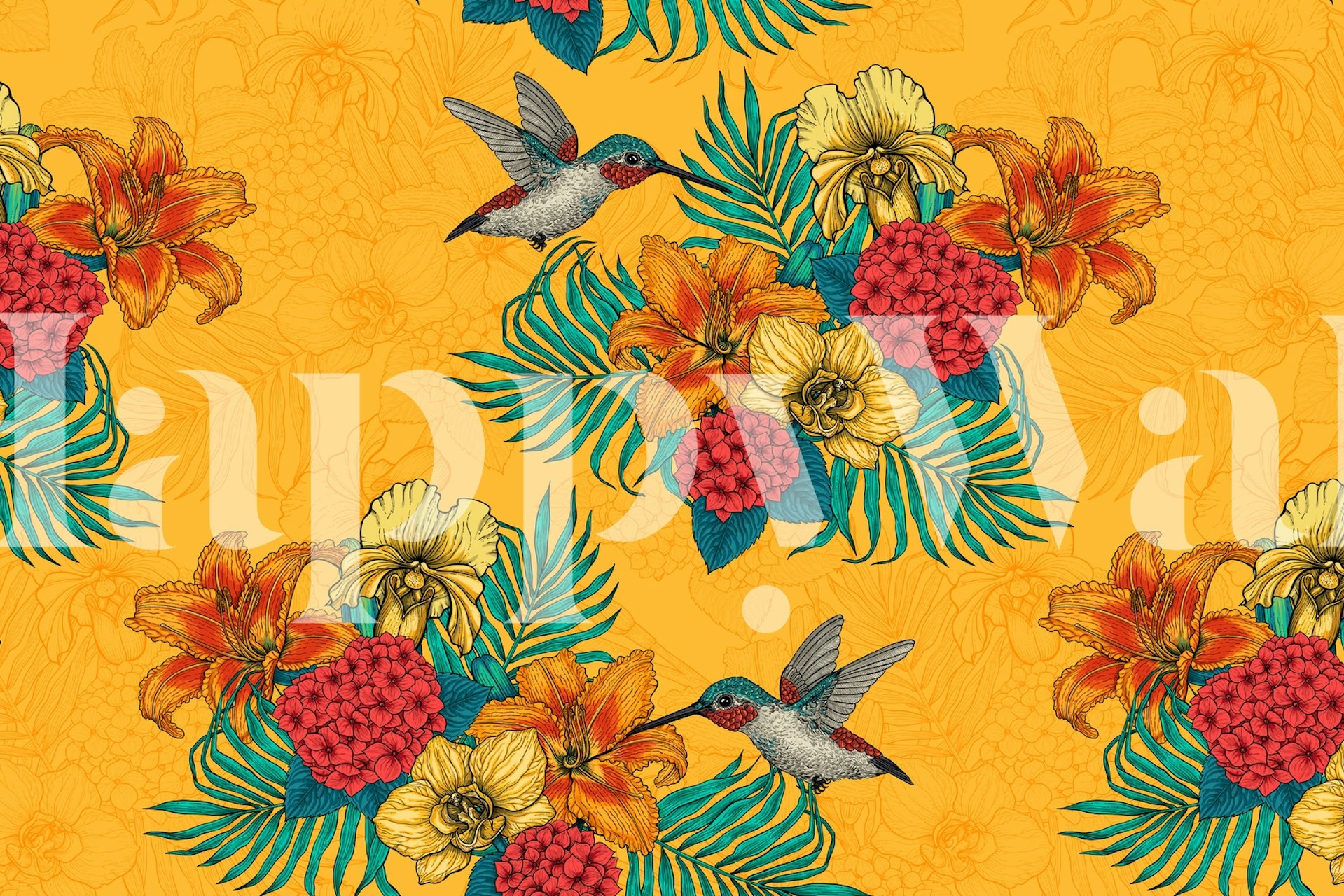 Tropical bouquet wallpaper in a stylish room