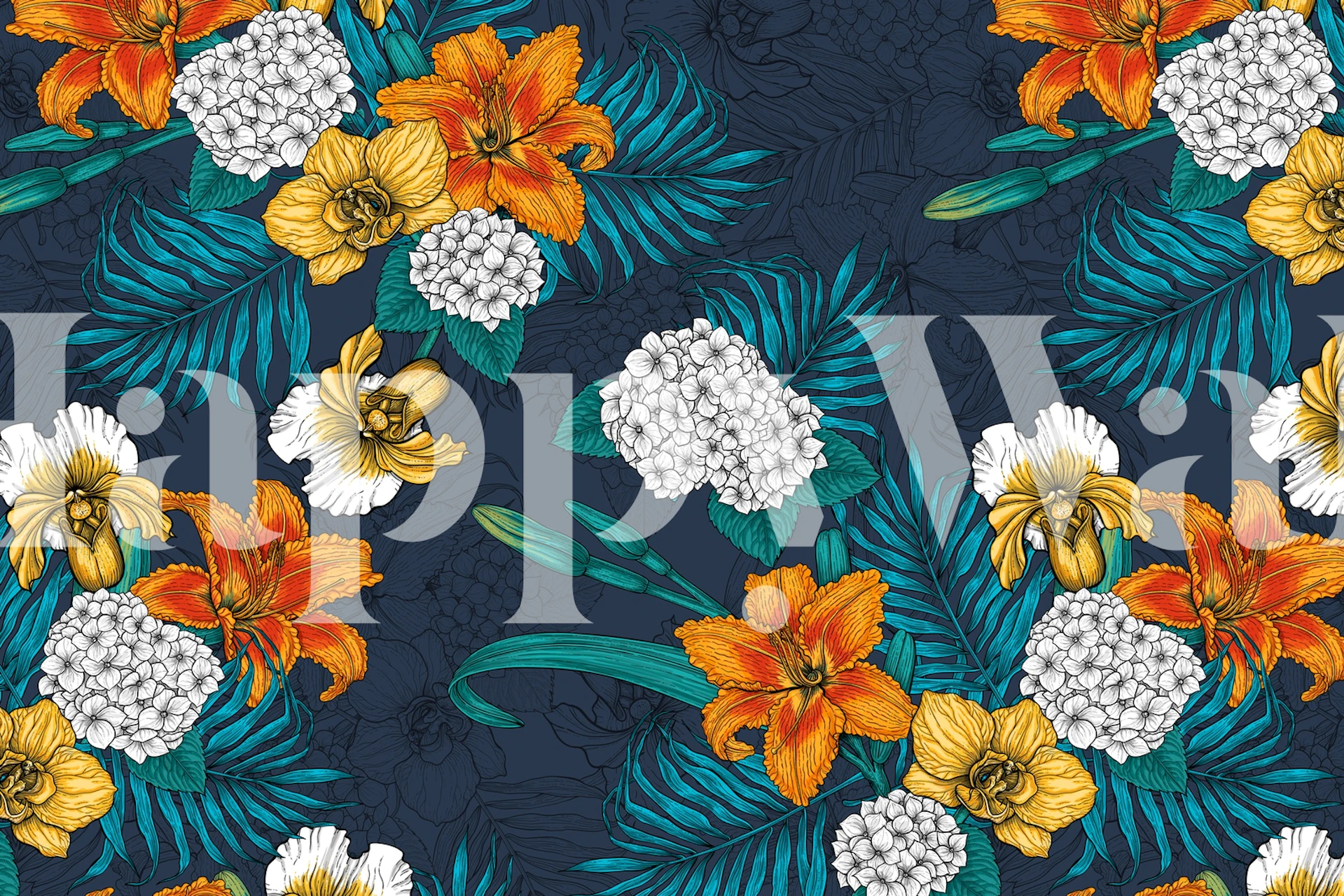 Tropical floral design with orange, white flowers and green leaves wallpaper